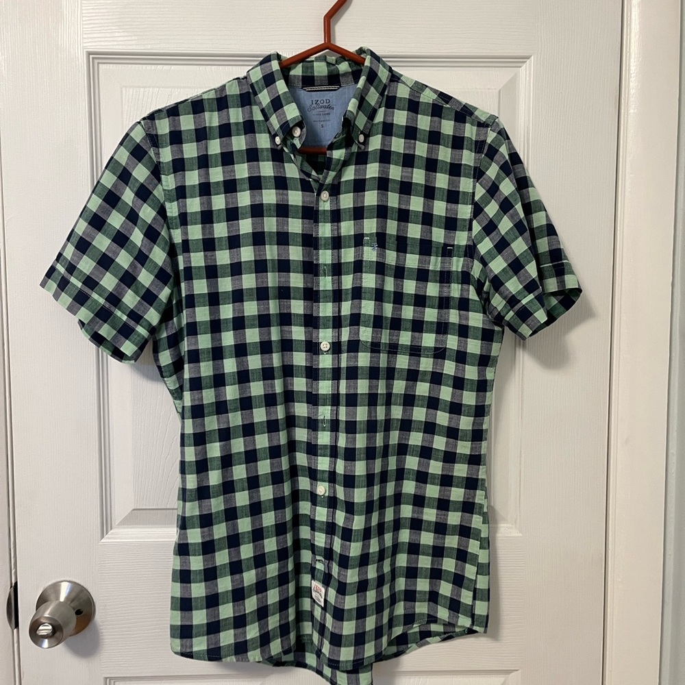 Short-Sleve Blue Green Cotton Gingham Shirt